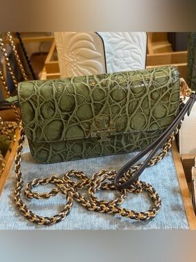 NWT! ✨Tory Burch Olive Green Croc-Embossed Leather Crossbody with Gold Chain